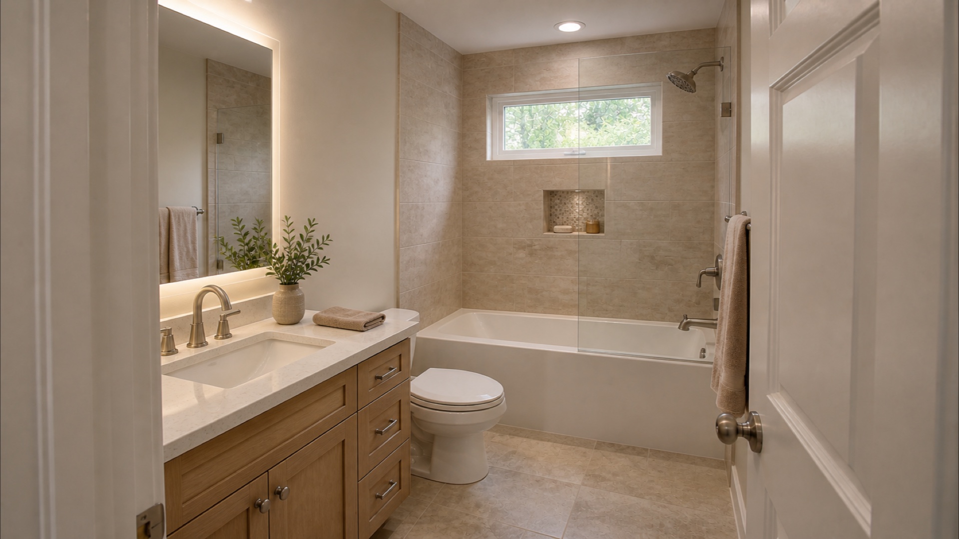 The same residential bathroom with updated tile, vanity, fixtures, and finishes