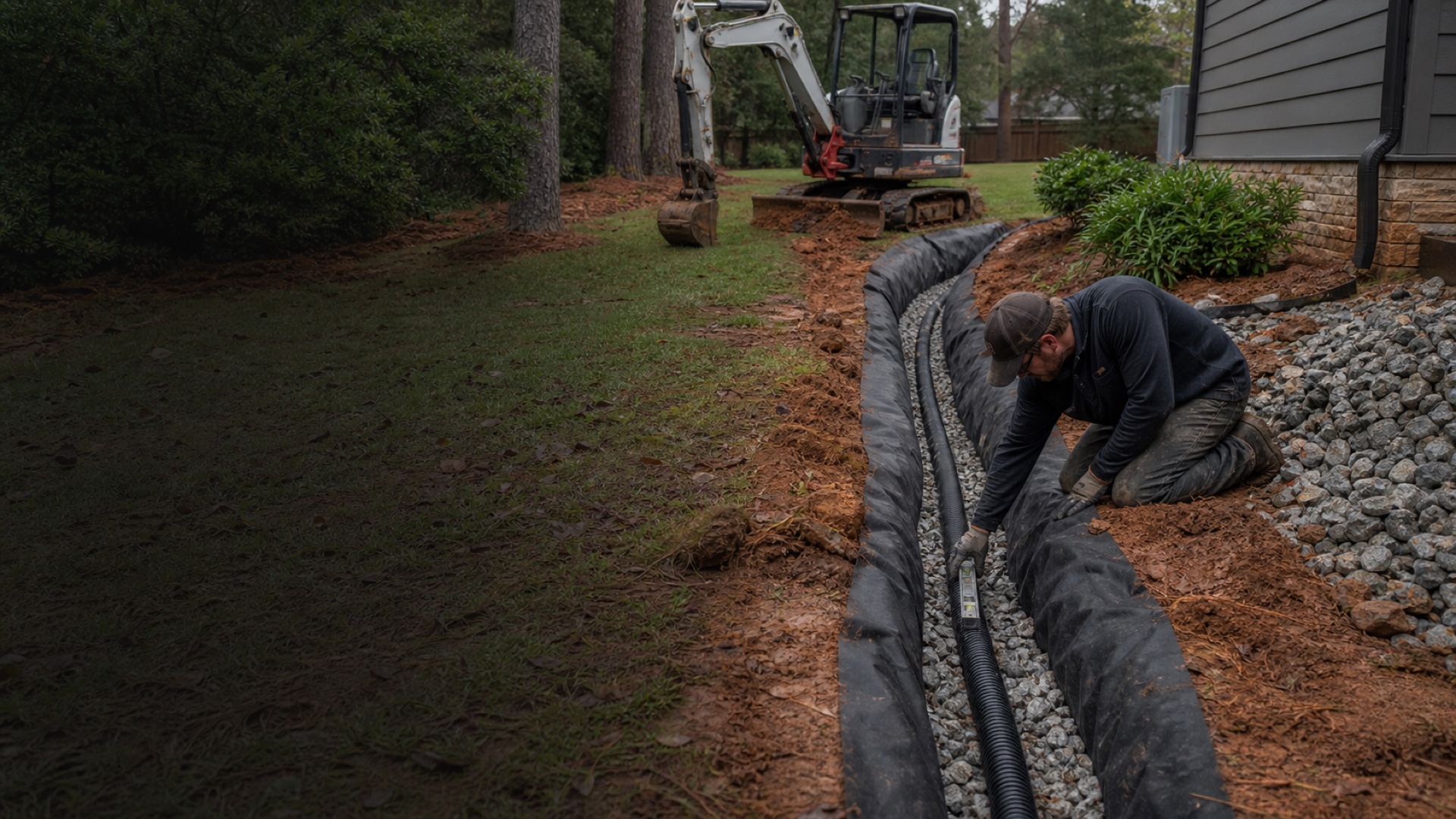 Residential French drain installation with geotextile, perforated pipe, and washed stone